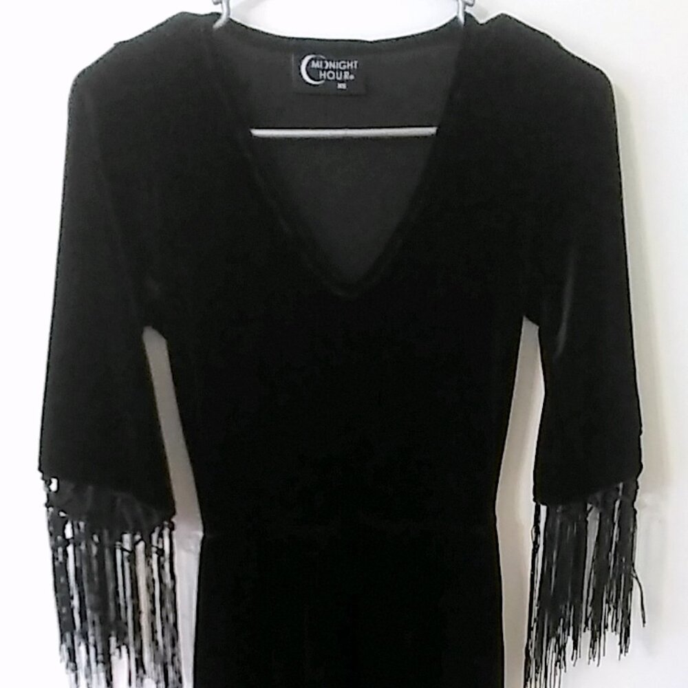 Midnight Hour Goth V-Neck Black Velvet Long Sleeved Fringe Dress- Size XS